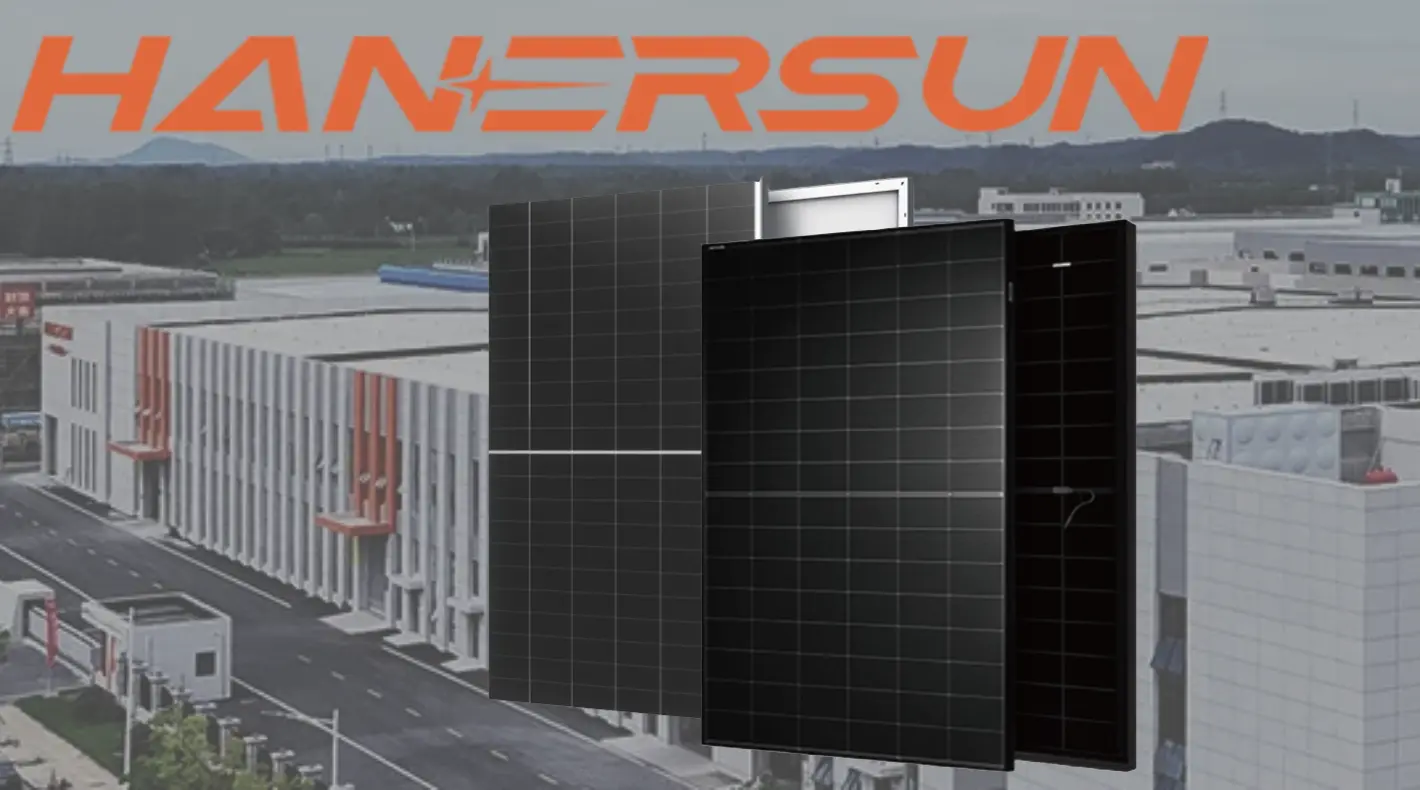 Logo de Hanersun con paneles solares modernos en un entorno industrial sostenible.