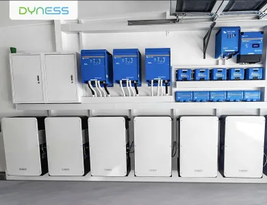 Instalación moderna de almacenamiento y gestión de energía con baterías DYNESS y eficaces inversores.