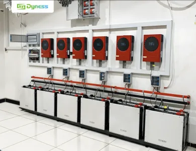 Sistema de almacenamiento de energía moderno con inversores y baterías de Dyness.