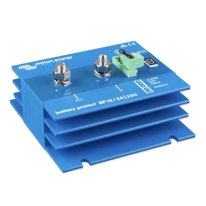 Protector de batería Victron Energy, ideal para sistemas de energía y entorno marino.