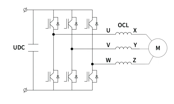 Diagrama de inversor trifásico: conversión de corriente continua a alterna para motores.