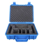 Funda azul protectora con compartimentos organizadores para herramientas y equipos delicados.