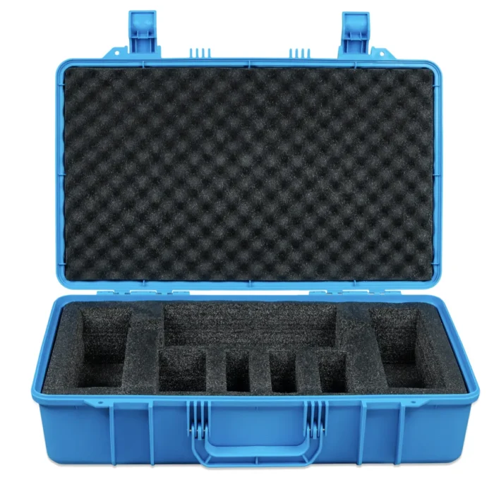 Caja de almacenamiento azul con espuma, compartimentos organizados y protección duradera para equipos.