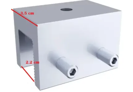 Soporte mecánico metálico de 3.5 cm, ideal para aplicaciones industriales y ensamblajes.