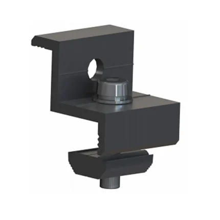 Soporte mecánico de metal negro para aplicaciones industriales, con diseño preciso y resistente.