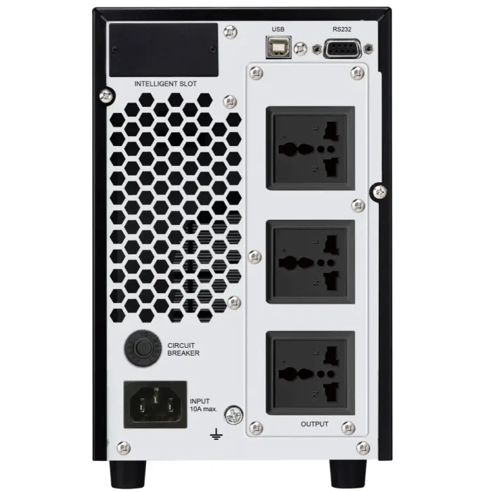 Panel trasero de fuente de alimentación con puertos USB, conexiones y protección eléctrica.