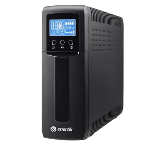 Unidad UPS compacta Enertek, con pantalla digital, diseño moderno y elegante en color negro.