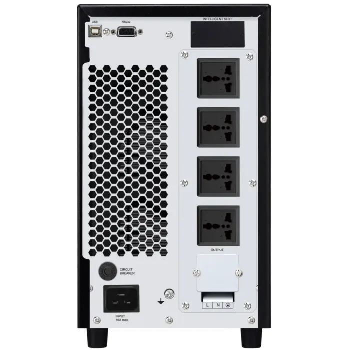 Panel trasero de unidad de gestión de energía con puertos USB, receptáculos y protección contra sobrecargas.