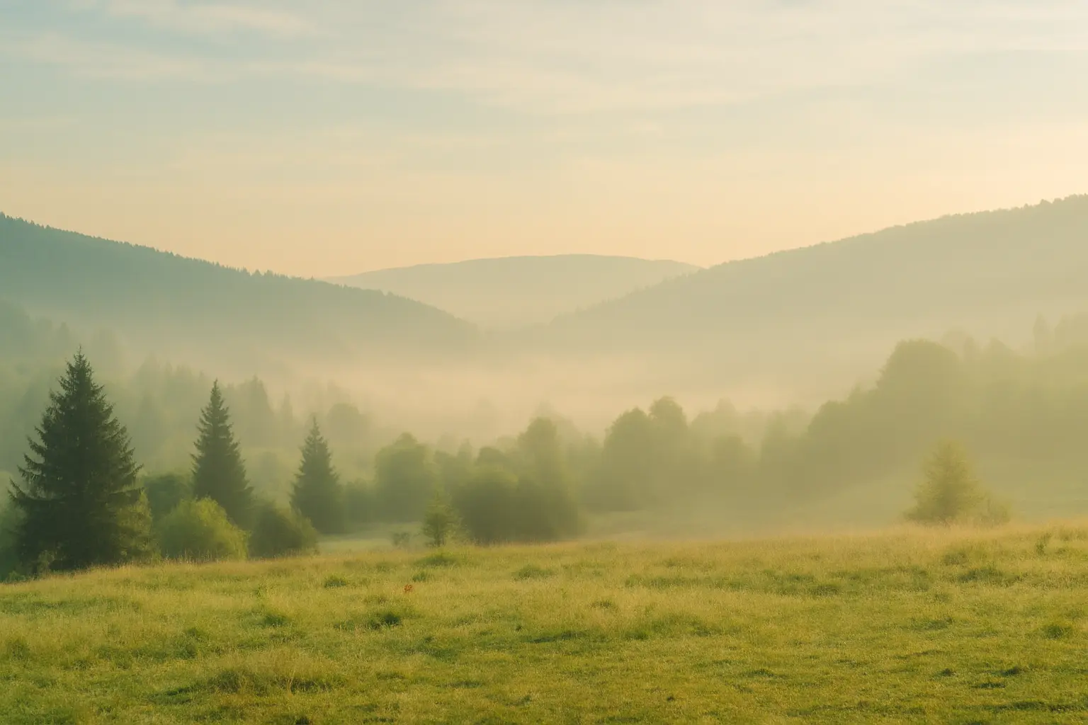 Paisaje sereno con bruma matutina, colinas suaves y un campo verde lleno de rocío.