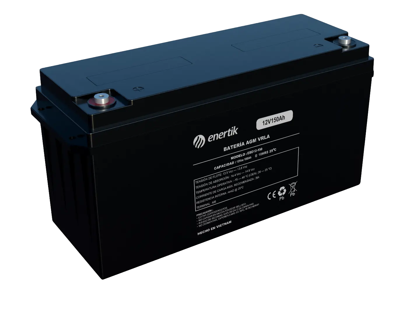 Batería Enertik AGM 12V 150Ah, ideal para sistemas energéticos y vehículos eléctricos.