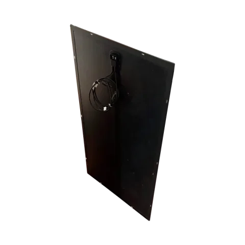 Panel negro moderno con conectores y cables, ideal para oficinas y decoración minimalista.