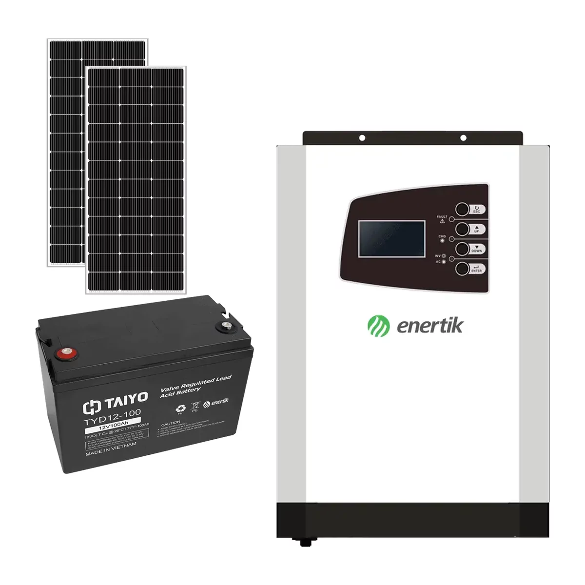 KIT-OFF-1K-09 Kit Solar Off-Grid 1 kW · 2 paneles 170 W · batería 1,2 kWh