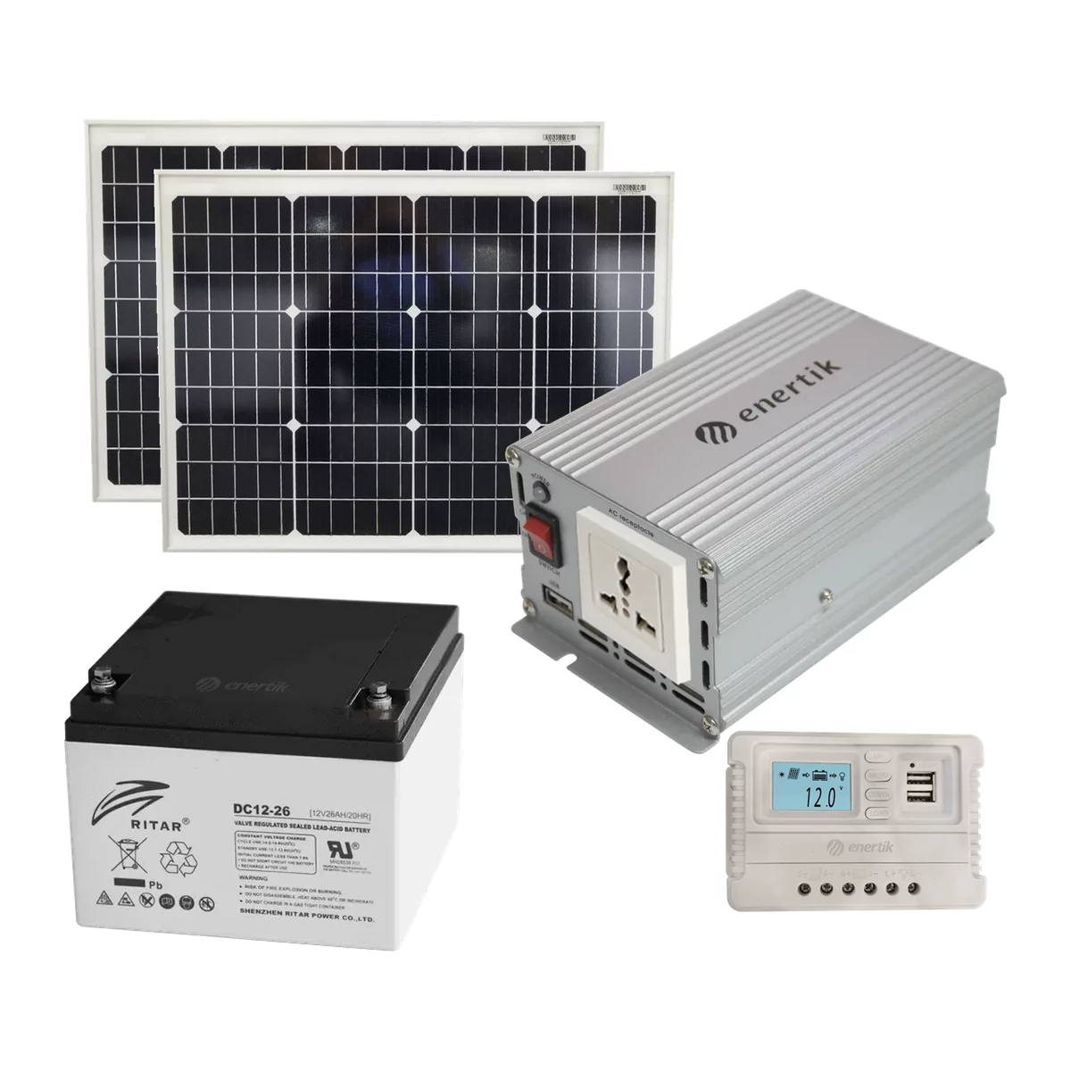 KIT-OFF-350W-02 Kit Solar Off-Grid 350 W · 2 paneles 50 W · batería 0,3 kWh - Full