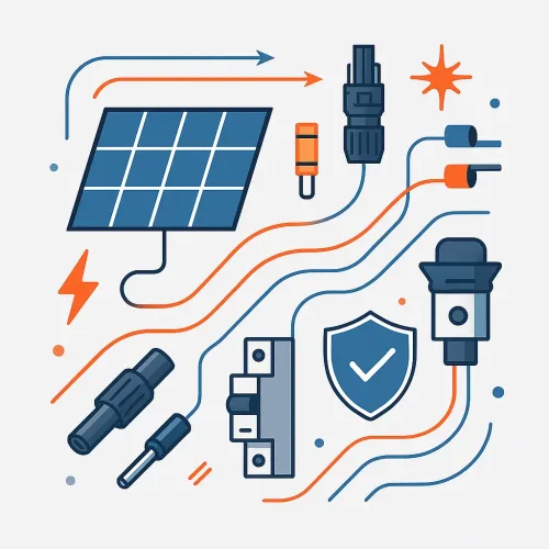 Ilustración moderna de energía solar, paneles solares y componentes eléctricos para sistemas seguros y eficientes.
