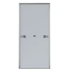 Puerta moderna y minimalista de superficie gris claro con manijas negras y marco metálico.
