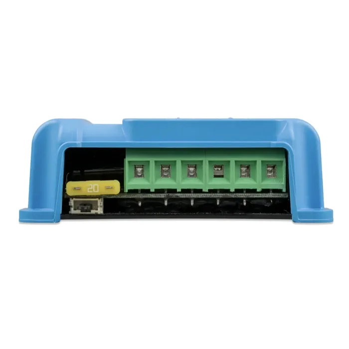 Dispositivo electrónico compacto con carcasa azul y conectores verdes. Seguridad y rendimiento óptimo.