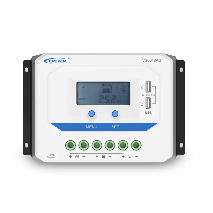 Controlador solar EPEVER VS6048AU con pantalla digital y puertos USB para carga eficiente.