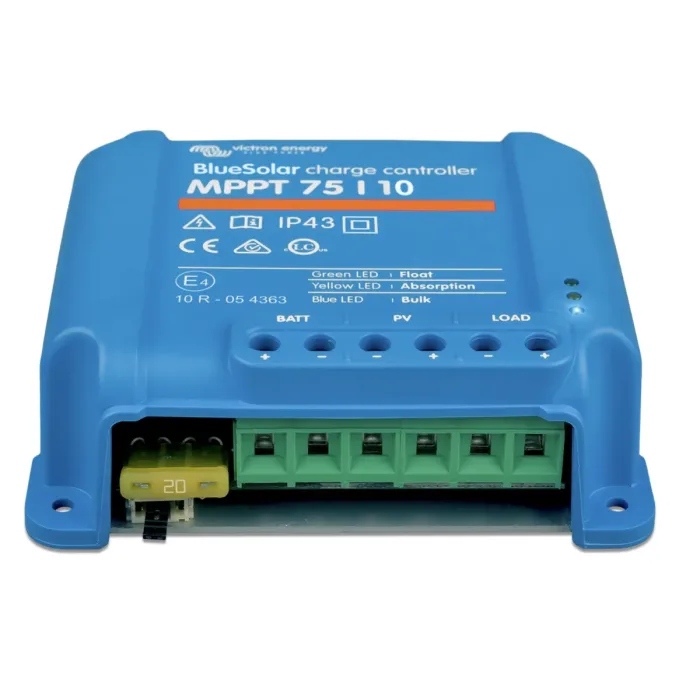 Controlador de carga Victron BlueSolar MPPT 75/10, eficiente para sistemas solares.