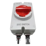 Llave de corte SISO con conector MC4, 1000V CC, 32A, ideal para control eléctrico.