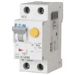 Interruptor diferencial Eaton para seguridad eléctrica, con botón de prueba y diseño compacto.